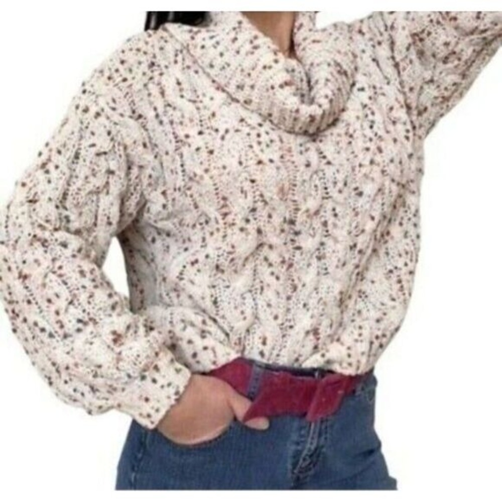 Moon & Madison Womens S‎ Cream Cowl Neck Speckled Knit Chunky Preppy Fisherman